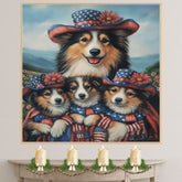 Mother Collie Dog and Three Puppies Wearing Patriotic Hats and American Flag Capes on Ready to Hang 1.5" Thick Canvas Wrap, Floating Framed Canvas, Flat Rolled Canvas